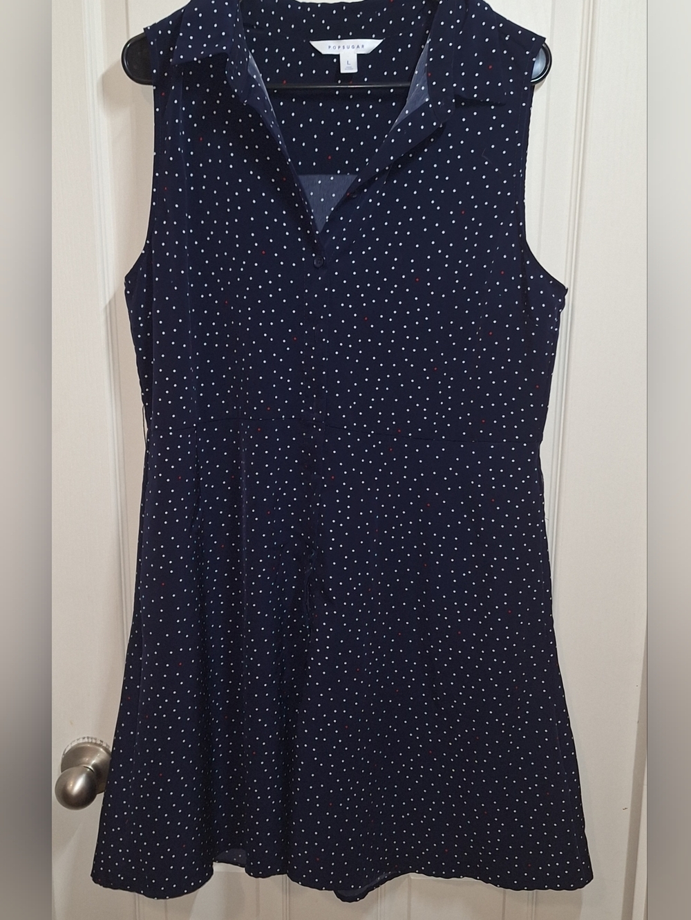 Popsugar Navy Polka Dot Sleeveless Collared Dress Large